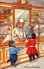 1960 Artist Postcard Dressed Kittens Get Cake at the Baker’s Shop