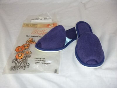 NOS Vtg Fluff Scuff Terrycloth Slippers Rubber Sole Navy Blue Sz S