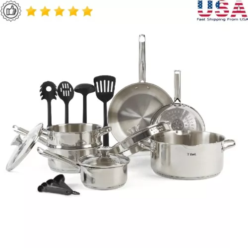 14 Piece Stainless Steel Cookware Set W/ Straining Lids Pour Spouts & Tools New