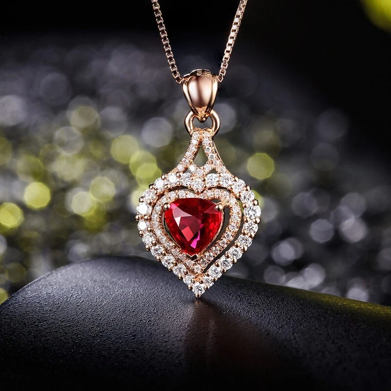 Pingente solitário granada vermelha em forma de coração 2 quilates criado em laboratório ouro rosa 14K por cima - Imagem 4 de 4