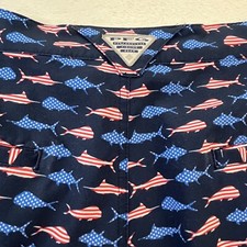 Columbia PFG Mens Shorts 36 Blue American Flag Patriotic Fish Print Swim Trunks