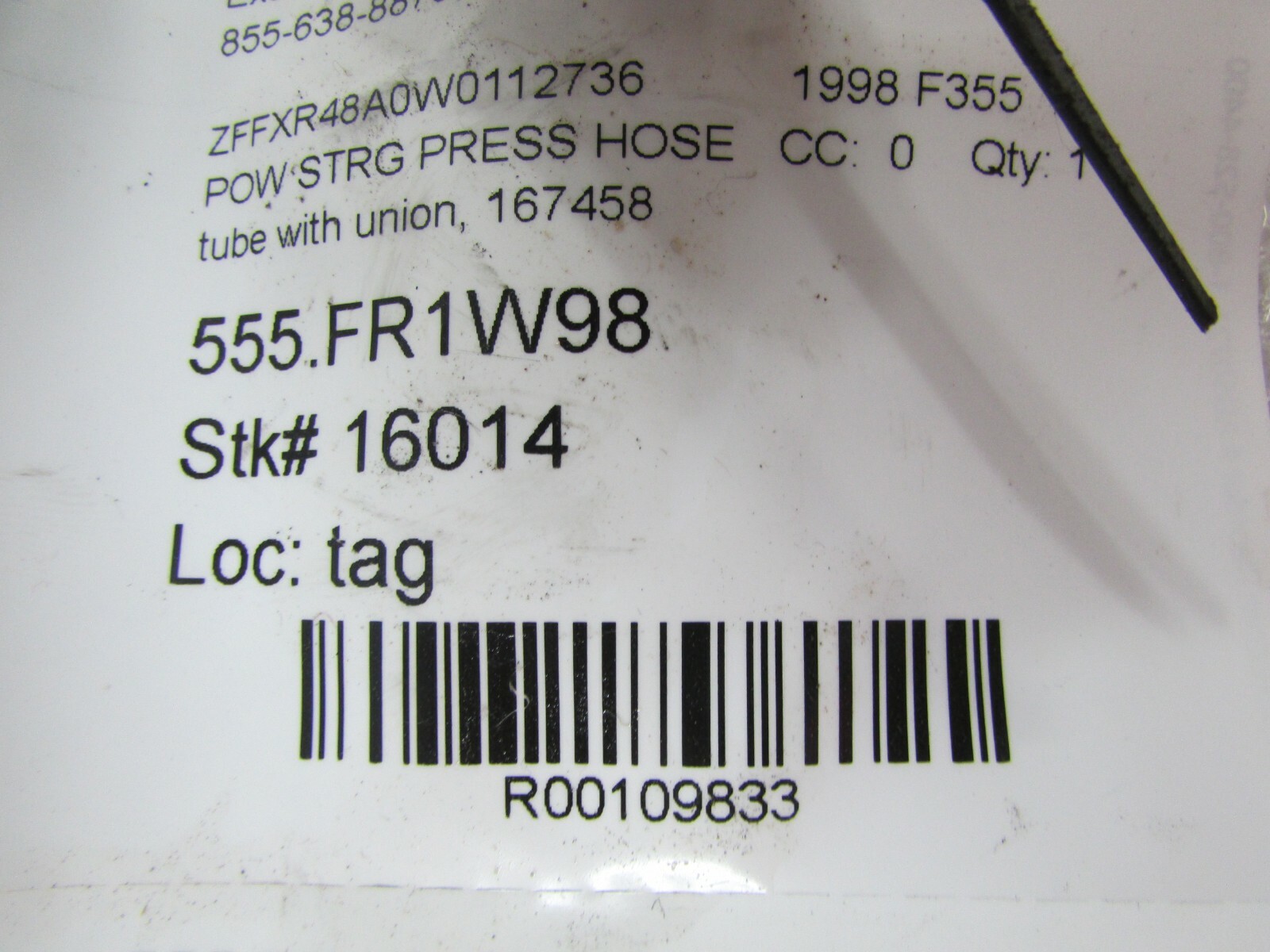 Ferrari 355, Power Steering Tube w/ Union, Used, P/N 167458