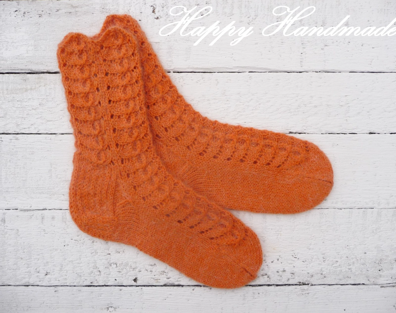 Hand Made Woman Socks Knit Orange Angora Wool size 37-38 (4-5 UK)