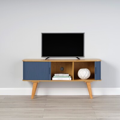 Bambus TV Ständer mit dunkelblauen Schiebetüren 580 mm H x 1200 mm B x 400 mm D