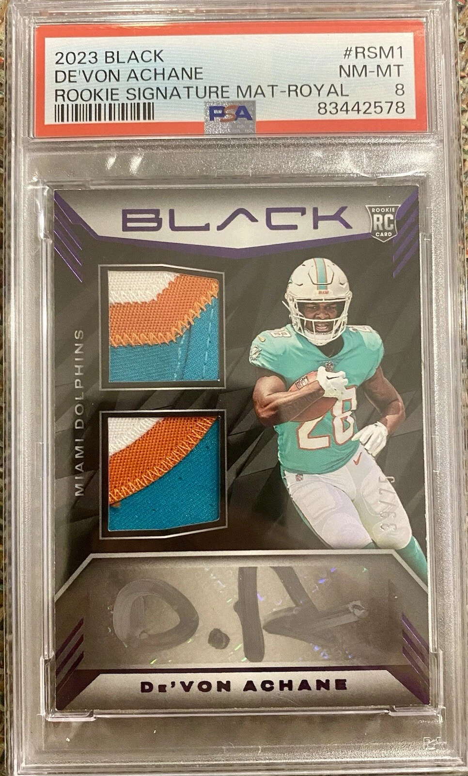 De'Von Achane Panini Black Rookie Signature Materials #RSM1 Royal