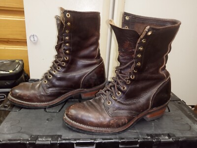 Solid Leather Logger Boots Size 8 US Vibram Nitrene Soles Tall With Heel
