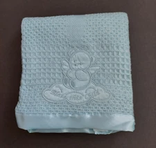 Soft Blue Light Woven Baby Blanket - Applique & Satin Trim - 30X30