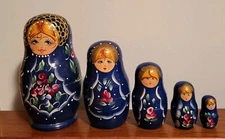 Set (5) Russian MATRYOSHKA 6.5" Hand Painted Blue Floral Nesting Dolls Vintage 