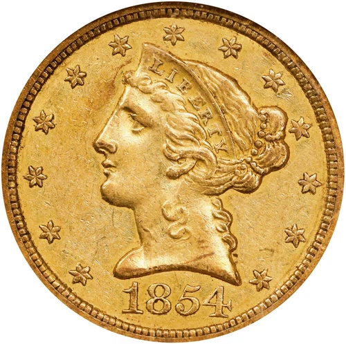 1854-O $5 Gold Liberty Head NGC AU58 CAC Gold Half Eagle 3094546-002