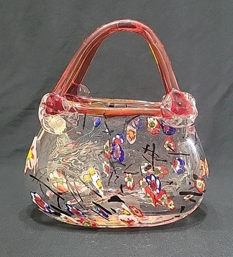 Vintage Hand Blown Art Glass Purse Bag Vase Red Italian Murano Style Millefiori