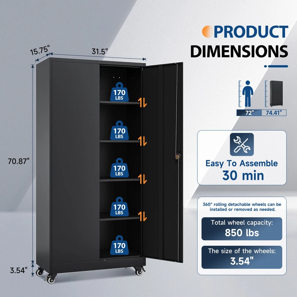 Gabinete de garaje de metal rodante de 75" con bloqueo y estantes ajustables para hogar/garaje Foto 2 de 4