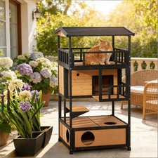 Outdoor Cat House w/ Escape Doors  Jump Platforms - Wooden Pet Shelter