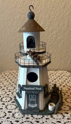 Vtg  Wood Hand Made  Nautical Nest  Coastal Lighthouse Birdhouse-Great Detailing