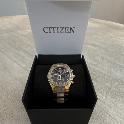 Citizen Eco-Drive Gentlemen s Chronograph Blue Dial Gold Bracelet Gem Bezel Box