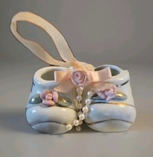 VTG Ceramic Baby Shoes Booties Christmas Ornament, White W/Pink Roses 1.5  ea.