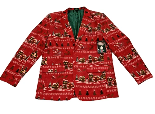 Men's Ugly Christmas Holiday Blazer Sport Jacket L Santa Reindeer New Red Green