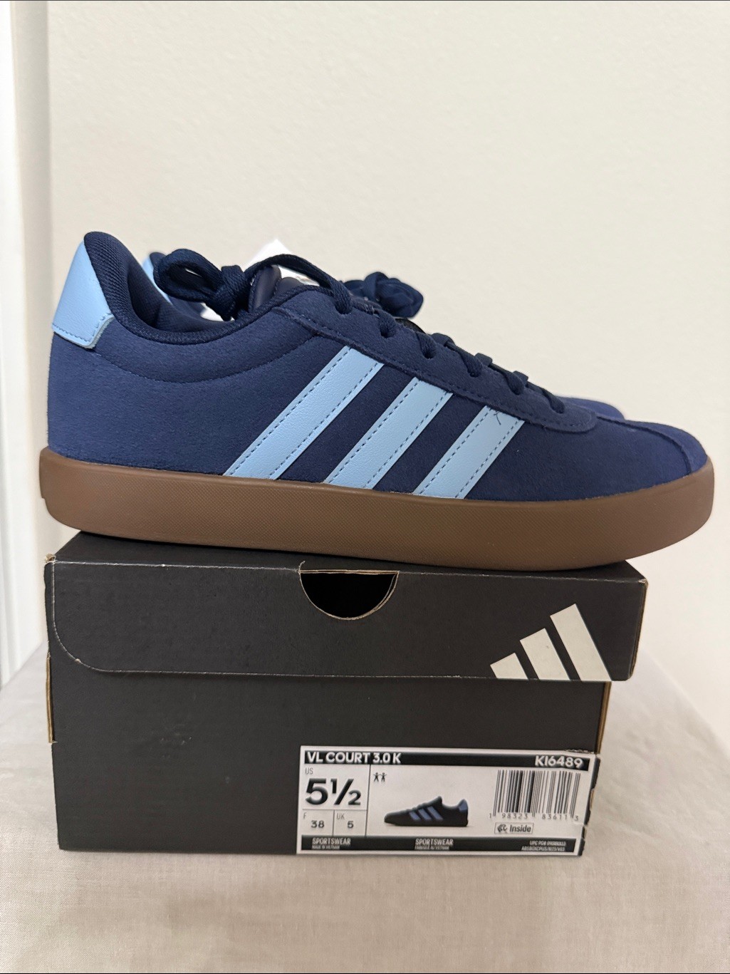 adidas VL Court 3.0 Navy and Lt Blue Low-Profile Sneakers 5.5 Youth, 6.5 Women