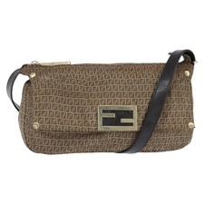 FENDI Zucchino Canvas Shoulder Bag Nylon Beige Gold Auth bs30474