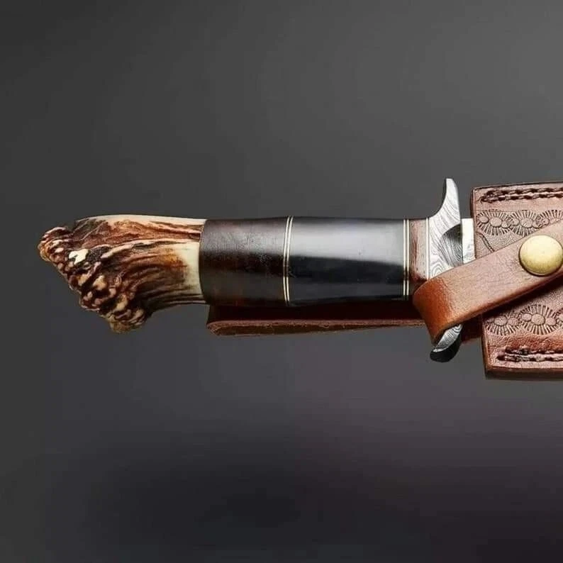 Заказной охотничий нож ручной работы из дамасской стали с рукояткой из оленьего рога кемпинговый нож - Изображение 3 из 4