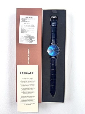 Longvadon Classic Bleu Nuit Men's 40mm Quartz Watch Blue Leather Strap NIB