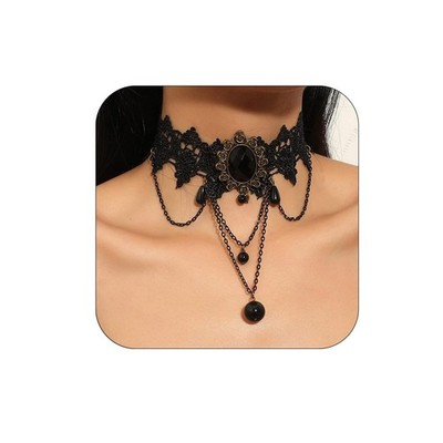 Gothic Schwarz Spitze Kristall Choker Halskette Sexy Edelstein Anhänger Hals Kette Hallo