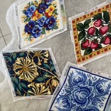 Lot of 4 Finished Needlepoint Flowers on Canvas Unframed