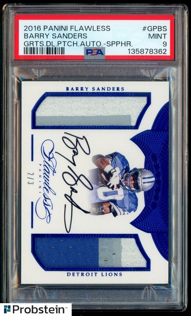 2016 Flawless Greats Sapphire Barry Sanders HOF Dual GU Patch AUTO 2/3 PSA 9