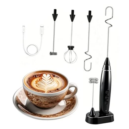 Rechargeable Milk Frother with Stand, 3-Speed Electric Handheld Foam Maker