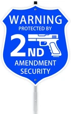 2nd Amendment Security Alarm Sign with Stake, Shield Shape 9x28" Yard Warning