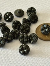 Set of 18 Antique Victorian Black Glass Faceted Buttons Metal Shanks 1/4"