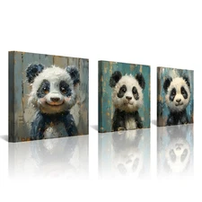 Modern 3-Piece Cute Panda Canvas Wall Art Fake Wood Panel Art Baby Panda Pict...