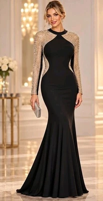 Xscape Size 14 Black Silver Rhinestone Illusion Sleeve Mermaid Formal Gown Maxi - image 1 of 4