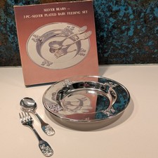 Silver Plated Bears 3 Pc Silver Baby Feeding Set Plate Fork Spoon 1987 VTG