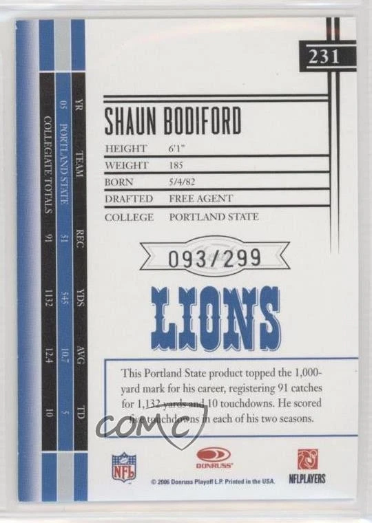 2006 Leaf Limited Rookie /299 Shaun Bodiford #231 Rookie RC - Image 2 of 2