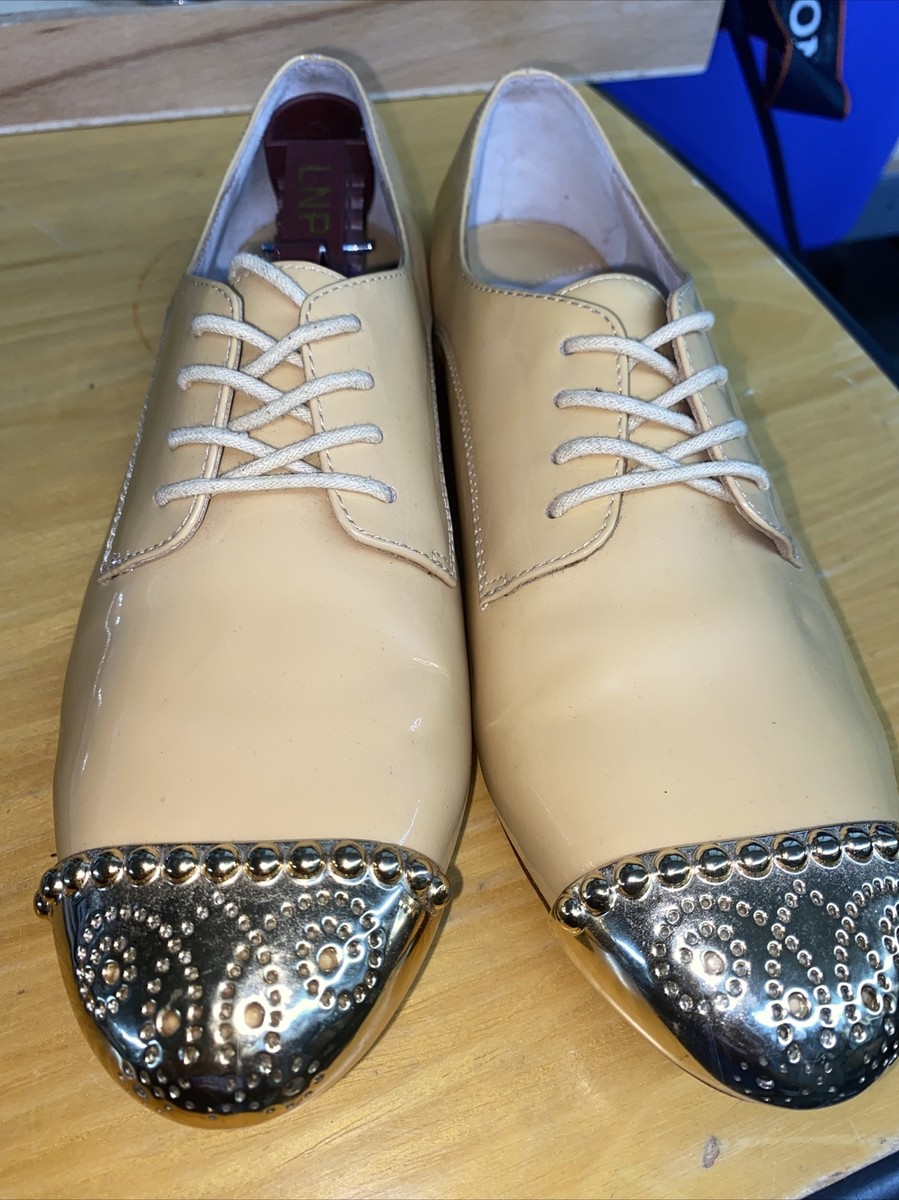 miu miu★SALE★MMV184 MIU MIU Beige Patent Leather Cap-Toe Lace-Up Oxford Size 36