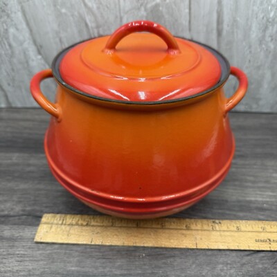Vintage Descoware Flame Bean Pot Cast Iron Enamel Belgium w/ Lid