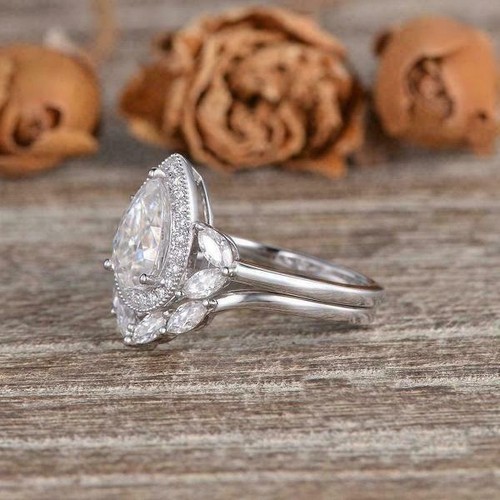 5.16Ct Pear Created Diamonds Bridal Wedding Ring Set Women 14K White Gold Finish - Foto 3 di 5