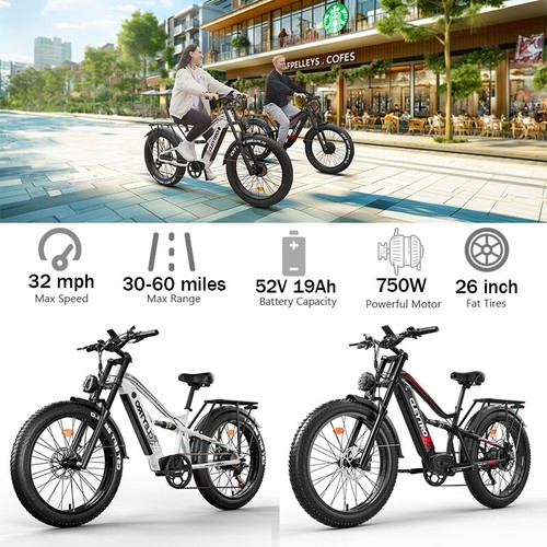 Electric Bike for Adults 750W 52V 19AH Battery 26" Fat Tire E-bike Mountain Bike