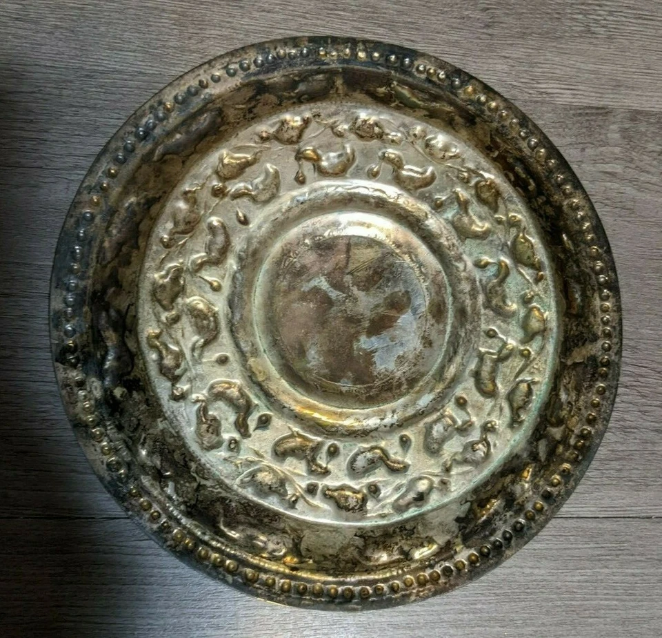 Antiguo plato de animal tailandés asiático de 8" plateado repujado de Sri Lanka bandeja plato Foto 4 de 4