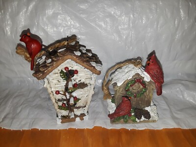 2 birdhouse ornaments wood and ceramic