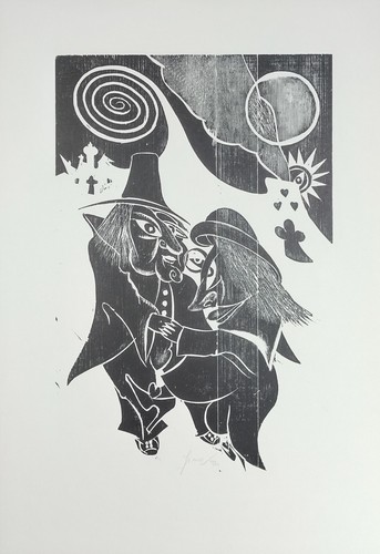 Wolfgang Simon, abstract figures composition, linocut, signed, num.