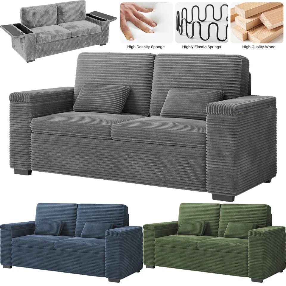 Modern Cordsofa Bequem 2er Couch mit Armlehnen Stauraum und 2 Kissen 180x74x33cm - Bild 2 von 4