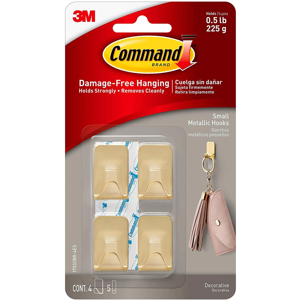 3M Command Removable Small Stainless Steel Hooks 4 hooks pack Brass