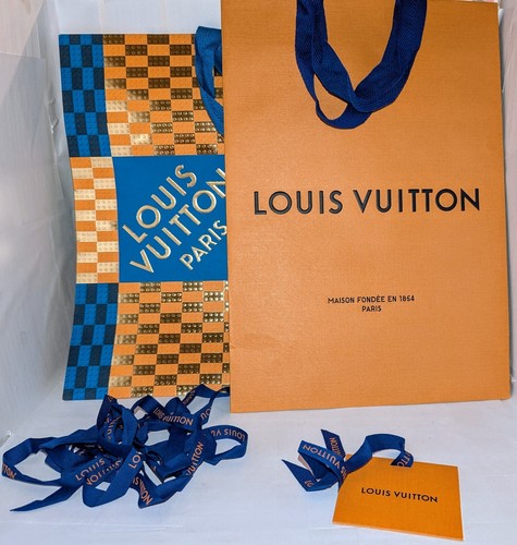 Louis Vuitton Gift Shopping Bag x2 Plaid Orange Lg & Med Bags +Ribbons & Card A+ - Picture 2 of 21