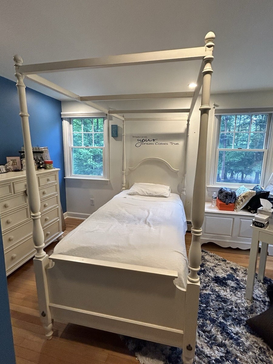 Ethan Allen Four Poster Bed With Canopy, Twin Sized, Antique White