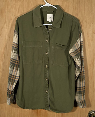 Thread & Supply Olive Green Shacket Tan Plaid Sleeves Oversized Women's Sz M