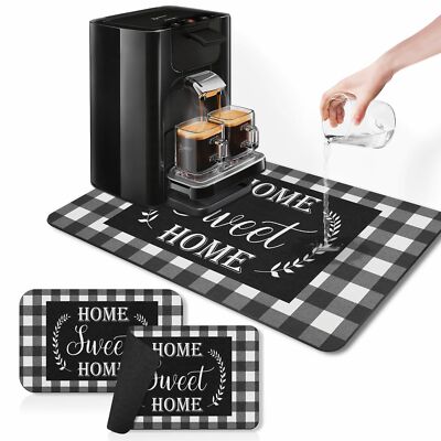 Coffee Mat Countertops 12''x19'' Buffalo Grid Dish Drying Mats 2PCS Black White