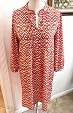 Gap Orange White Red Geometric Chiffon Shift Dress 3/4 Sleeve Split Neck M