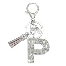 Initial Letter Keychain with Tassel, Alphabet Letter P Keyring, Silver