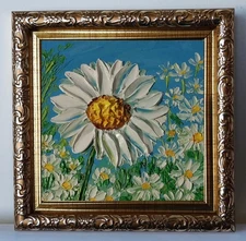 Daisy Flower Meadow Daisies Art 4x4 in Impasto oil painting original Framed Art